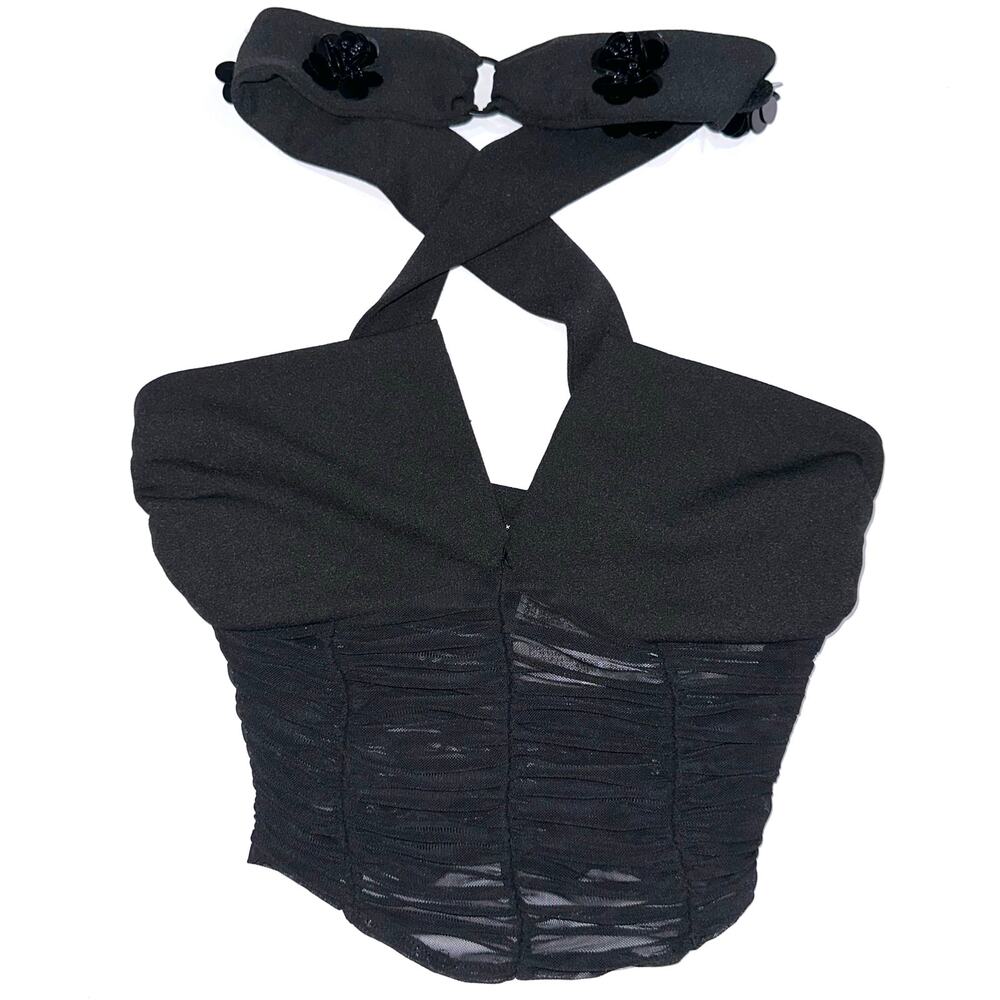Zara Black Mesh Satin Corset Sequin Flower Crop Top Size XS
